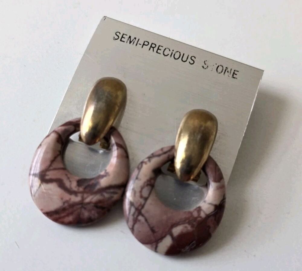 Vintage Jasper Semi Precious Stone Hoop Earrings Gold Tone Clip On Pierced 80s